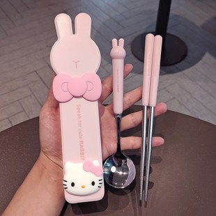 卡通可爱勺子筷子套装304不锈钢儿童学生一人专用便携餐具三件套