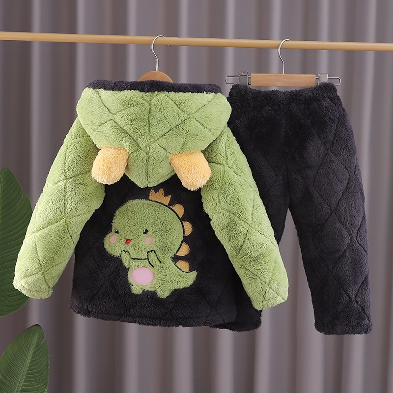 冬季恐龙儿童睡衣男童法兰绒夹棉中大童家居服女童珊瑚绒加厚款套