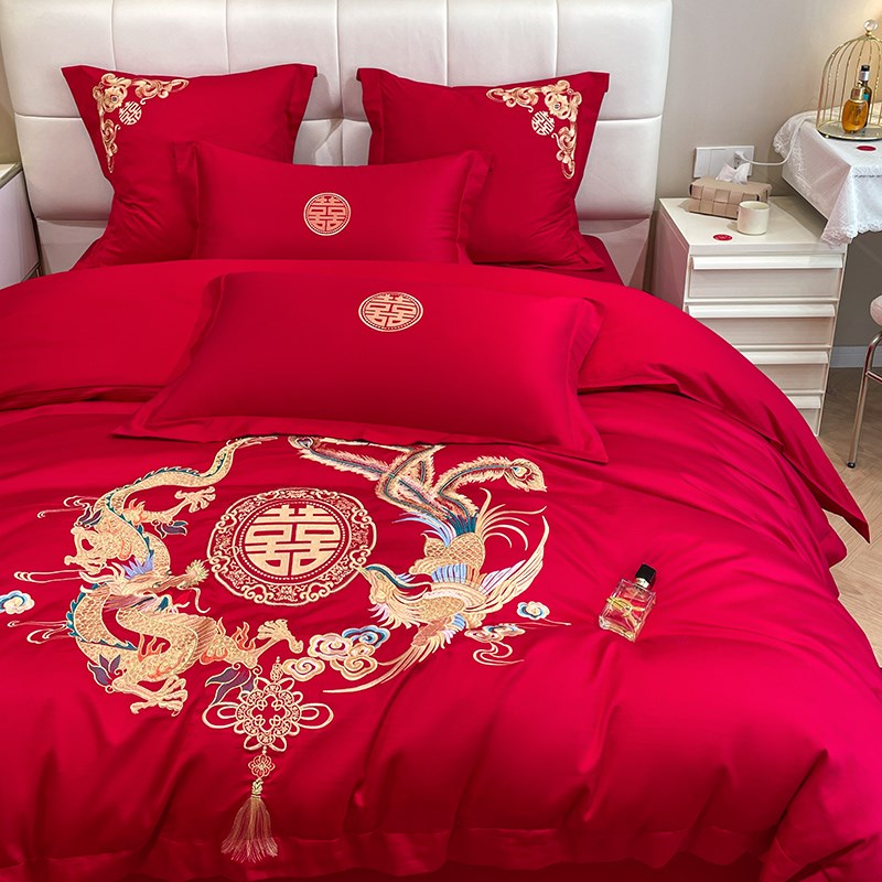 中式龙凤结婚四件套纯棉全棉大红被套床单六件套婚庆床上用品婚房