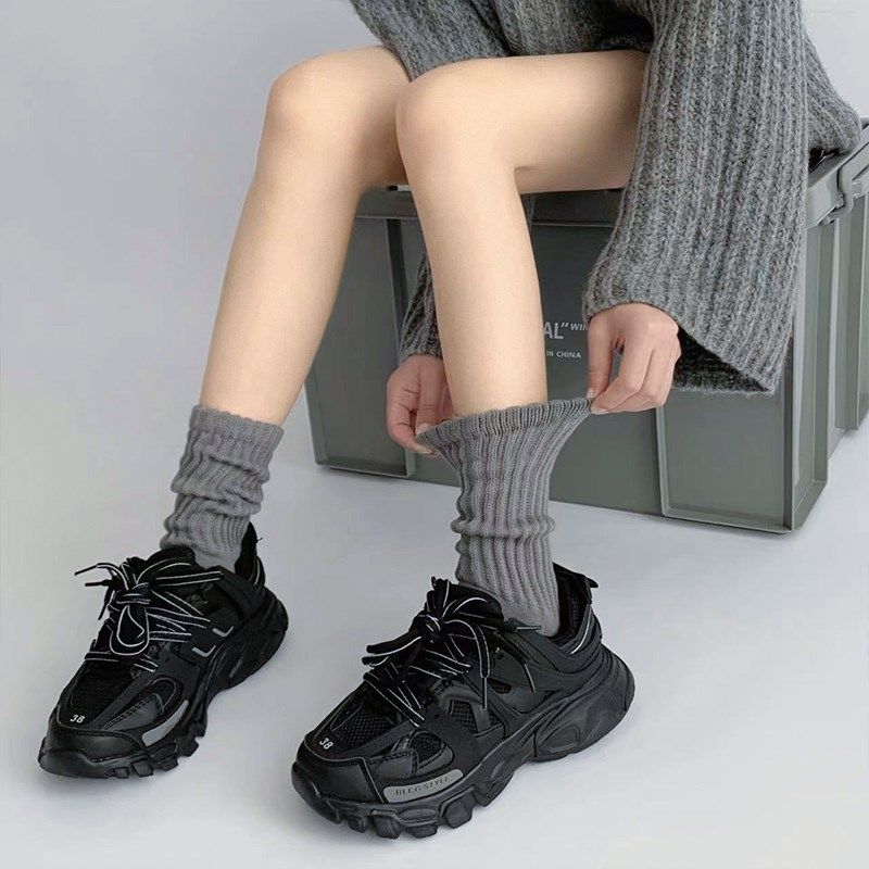 毛线袜子女秋冬款黑灰拼接堆堆袜女春秋白色中筒袜美式毛圈冬季袜