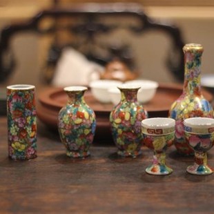 广彩花瓶 70年代潮州出口创汇陶瓷器 手彩小净瓶胆瓶 小白酒杯