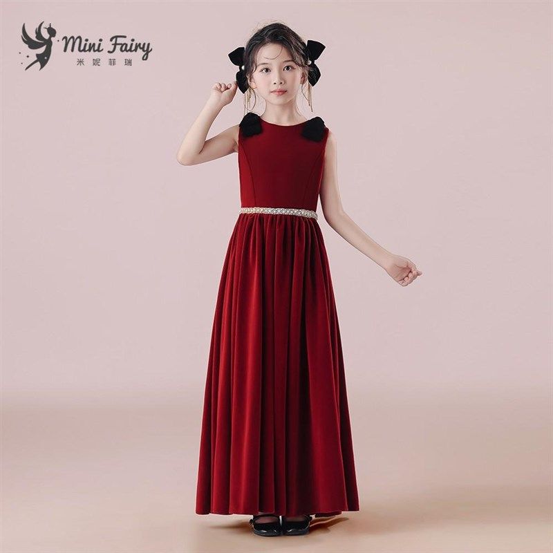 新款女童艺考小礼服红色钢琴演出服长裙高端小提琴演奏表演公主裙