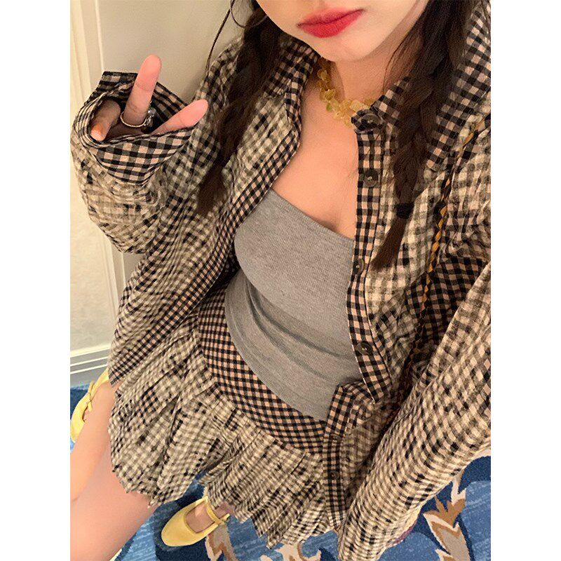 落落狷介 初春穿搭套装格子衬衫套装裙女两件套上衣+半身裙百褶裙