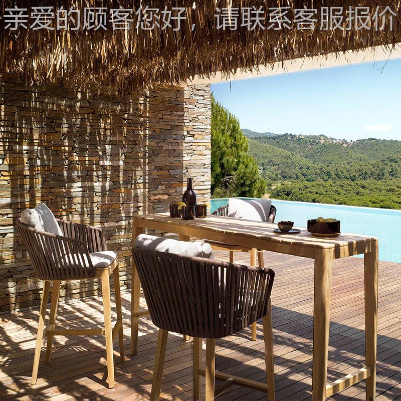 绳编户外柚吧椅别墅SZD-实木休闲靠高背椅实木脚凳室外天防水防晒