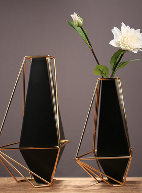 新中式轻奢几何金属花瓶摆件客厅玄关餐桌样板房装饰品电视柜花器