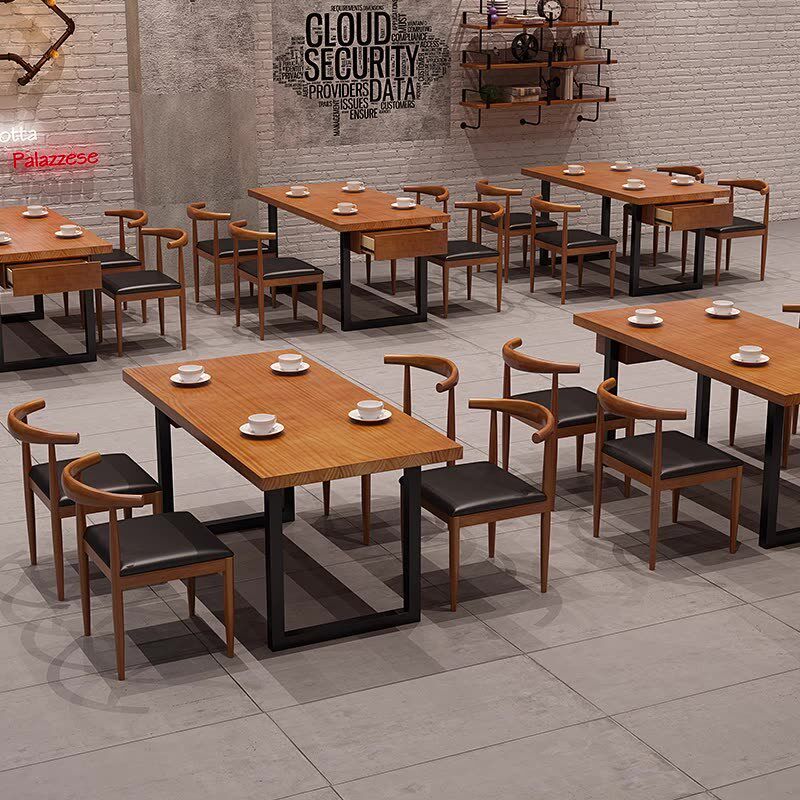 实木餐饮桌椅组合西餐厅快餐饭店小吃店餐桌复古工业风商用餐桌椅