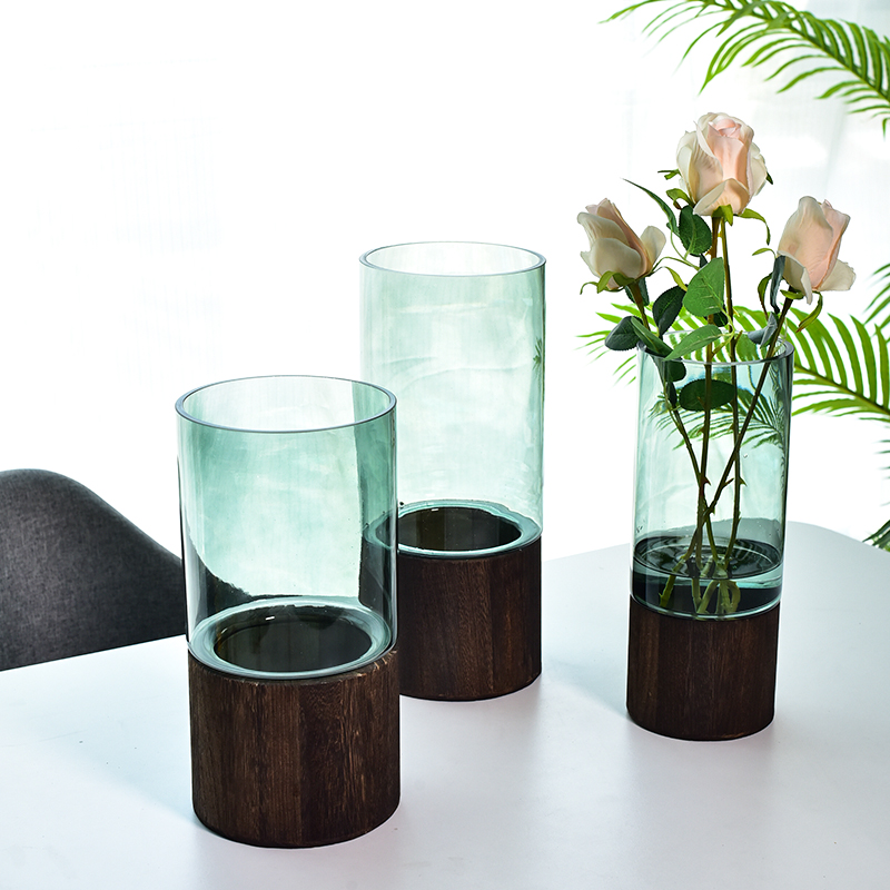 北欧创意轻奢玻璃花瓶桐木底座客厅水养鲜花插花干花网红花瓶摆件
