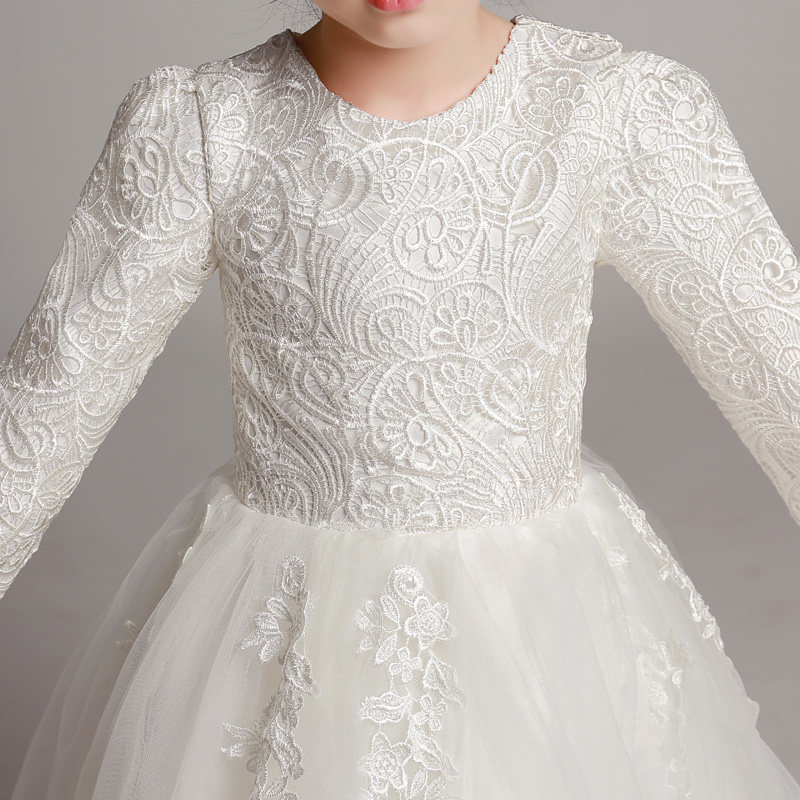 儿童礼服公主裙女童婚纱长袖钢琴表演服小花童蓬蓬纱长裙白色高端