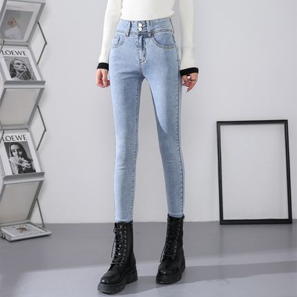 加长牛仔裤女高腰加绒紧身小脚裤175高个子超长修身铅笔裤秋冬厚