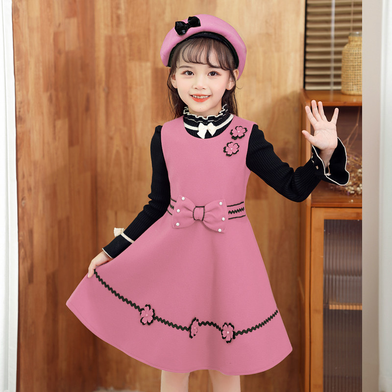 女童套装春秋2023新款女孩连衣裙儿童公主裙毛呢背心裙冬装两件套