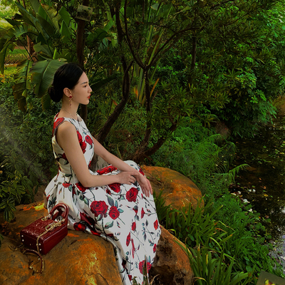 宛宛大大2021玫瑰人生高级油画无袖高腰连衣裙立体剪裁收腰A字裙