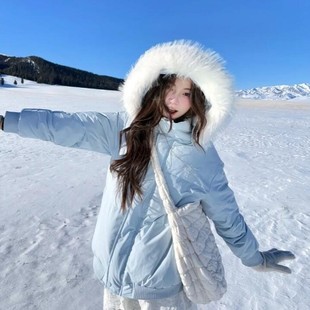 奶蓝色毛领羽绒棉服女款2025新款冬季韩系派克服宽松加厚夹棉棉袄