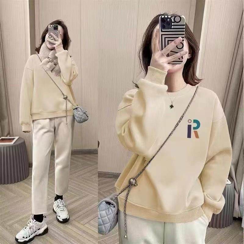 加绒加厚圆领外套女2025秋冬新款高品质印花宽松休闲情侣长袖卫衣