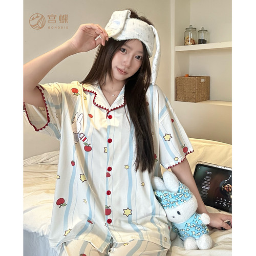宫蝶【凉感型】米菲短袖条纹睡衣女夏可爱卡通外穿家居服莫代尔棉