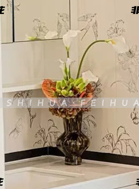 轻奢咖橙色仿真花艺茶几餐桌柜装饰样板间售楼处桌面假花组合摆件