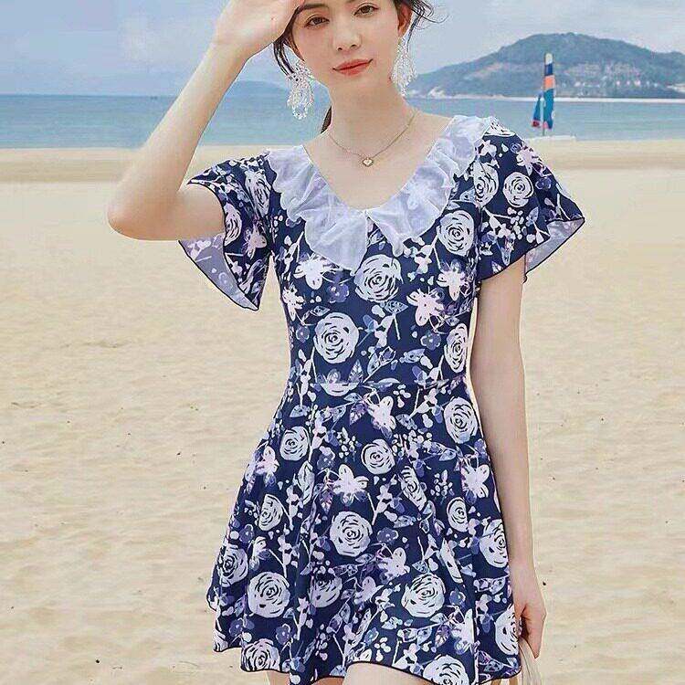 加大码新款泳衣微胖女孩印花显瘦遮肚保守连衣裙式仙女范