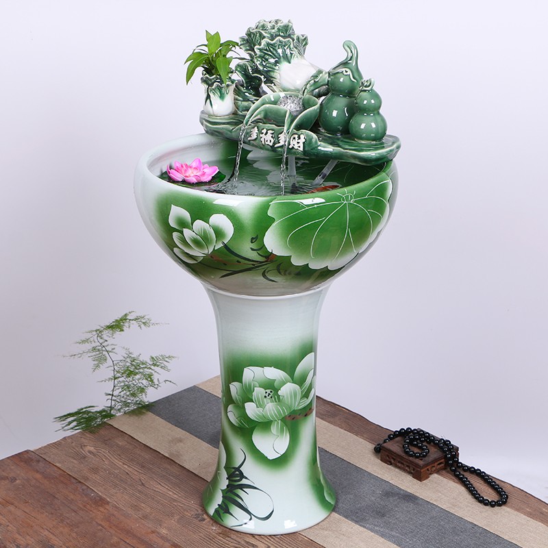 景德镇陶瓷立柱鱼缸家用流水喷泉大号乌龟碗莲养鱼盆客厅加湿造景