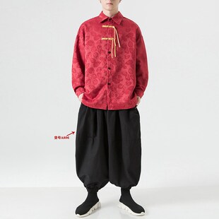 新中式男装中国风唐装男款红色衬衫外套秋冬款加绒保暖汉服上衣服