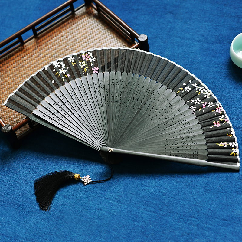 中国风黑色折扇汉服旗袍性感酷绫绢扇面开合顺滑可跳舞女随身古风
