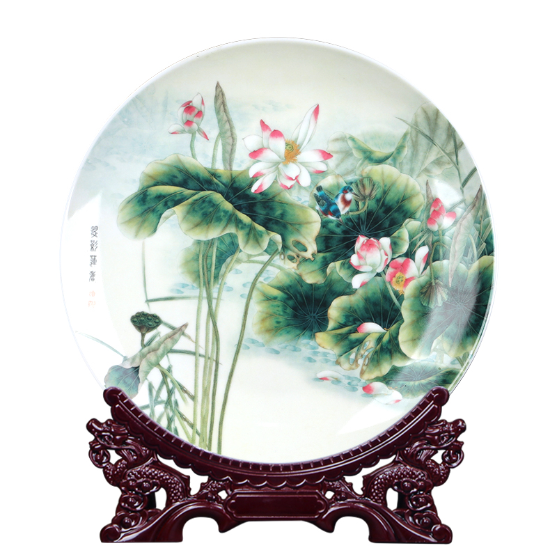 荷花景德镇陶瓷装饰盘坐盘新中式瓷盘客厅玄关博古架酒柜礼品摆件
