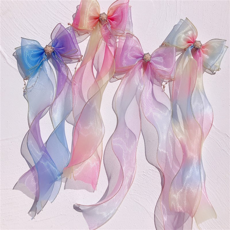 儿童蝴蝶结飘带发夹女童编发头饰女孩百搭公主发卡渐变彩虹色发饰