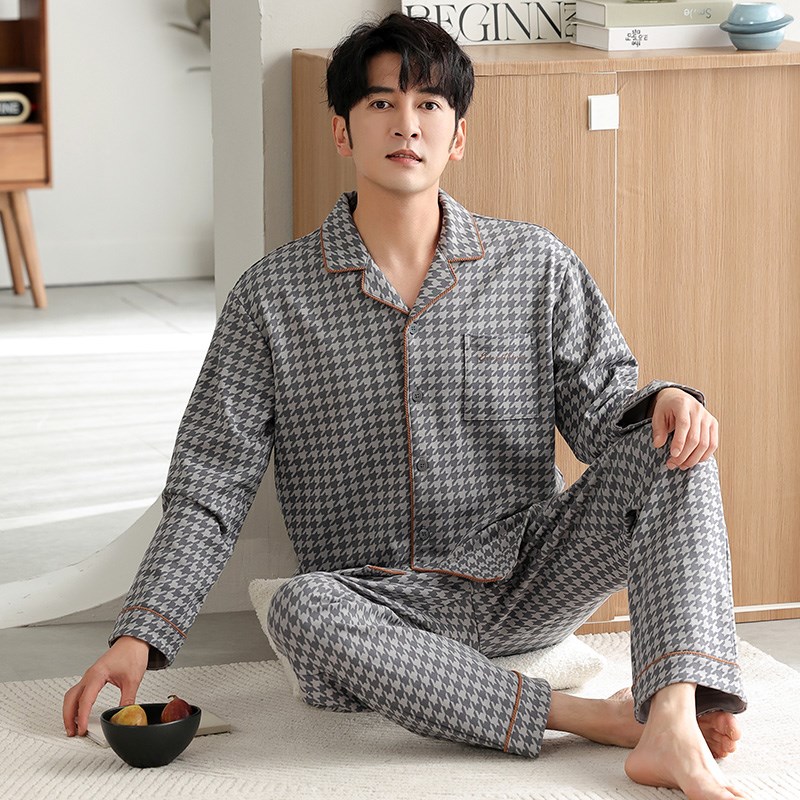 睡衣男士春秋纯棉长袖翻领秋款中年爸爸男款秋冬季家居服套装大码