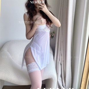 NER【夜是睡意】露杯聚拢网纱蕾丝钢圈胸托睡裙内裤套装 超性感!