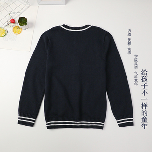 儿童毛衣外套春秋纯棉加厚男童女童英伦风藏青小学生校服毛衣开衫