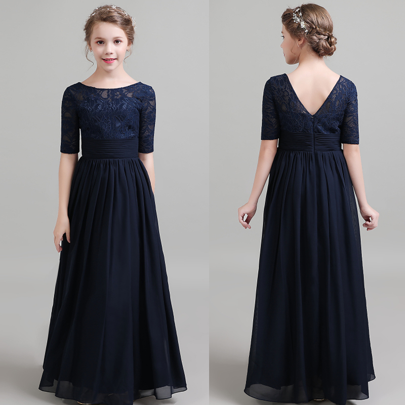 女童小提琴演奏主持人钢琴演出晚礼服儿童伴娘婚纱中袖长款公主裙