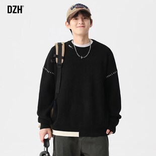 男士深灰色圆领毛衣男款冬季宽松针织衫毛线衣设计感上衣2025新款