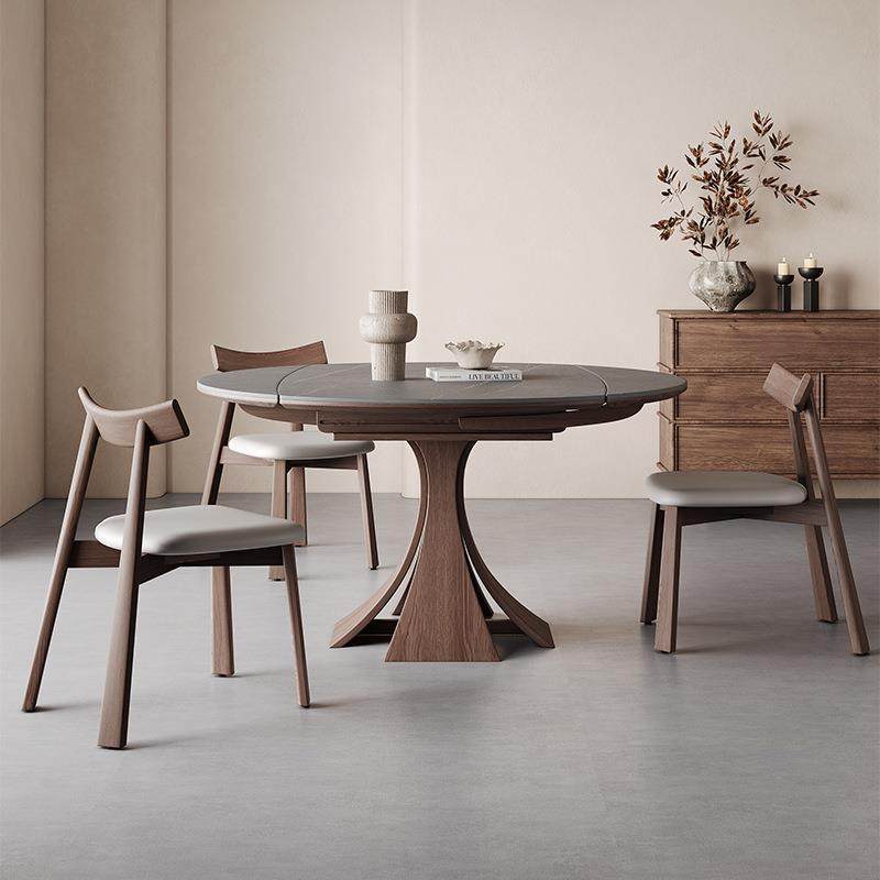 中古风实木折叠餐桌椅子2025新款网红家庭小户型岩板伸缩可变圆桌