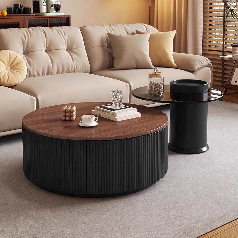 中古风圆形子母茶几客厅家用现代轻奢高级简约古风胡桃木意式组合