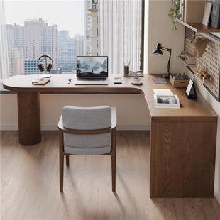 实木转角书桌书架一体l型电脑桌家用儿童靠窗双人拐角学习办公桌