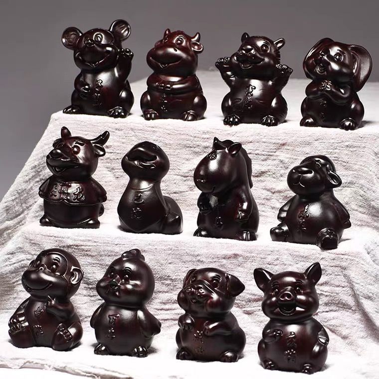 黑檀木雕十二生肖全套摆件