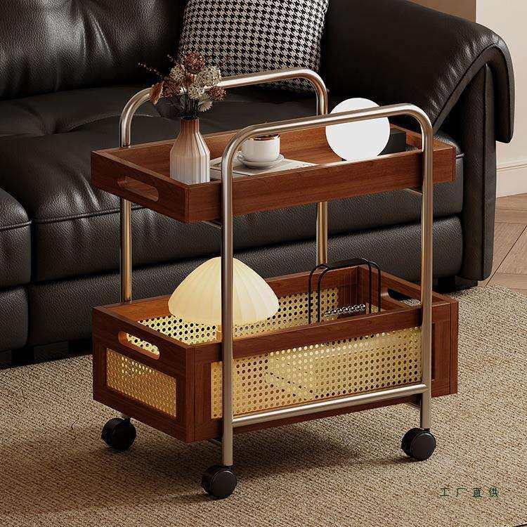 实木边几可移动不锈钢收纳中古小推车客厅储物藤编置物架简约餐车