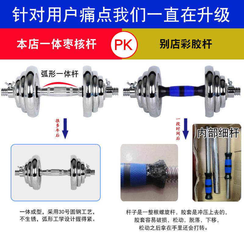 纯铁电镀枣核杆哑铃男士健身家用15kg20公斤可调节健身杠铃套装x