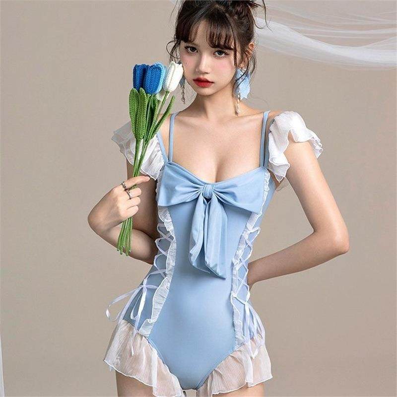 仙气瘦小学生少女保守可爱遮肚显蓝日系泳衣连体泡温泉清新泳装