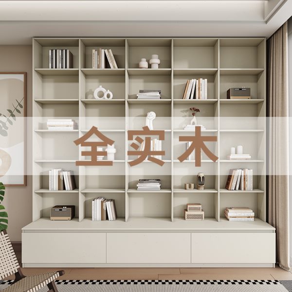 橡木定制书房满墙卡座一体书柜书架客厅到顶全实木摆件电视展示柜