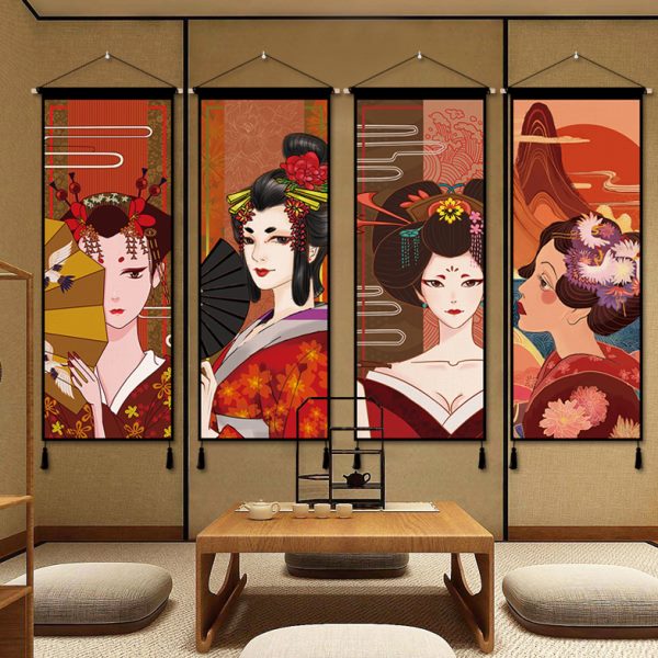 日式和风布艺挂画客厅墙卧室榻榻米艺伎挂毯居酒屋装饰挂布背景布图片