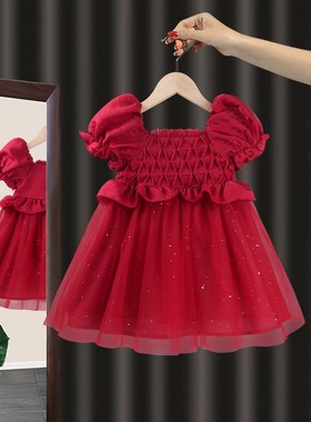 女童红色连衣裙夏装2024新款女宝宝蝴蝶结网纱公主裙宝宝周岁礼服