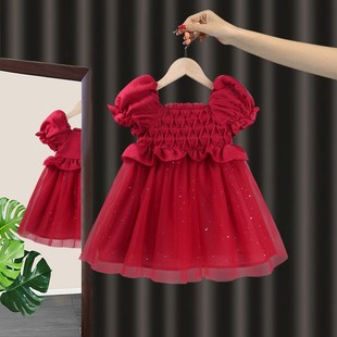 女童红色连衣裙夏装2024新款女宝宝蝴蝶结网纱公主裙宝宝周岁礼服