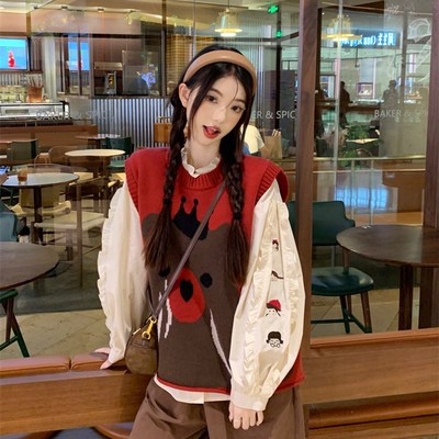 早秋季套装女小个子穿搭可爱针织马甲背心无袖毛衣叠穿衬衫两件套