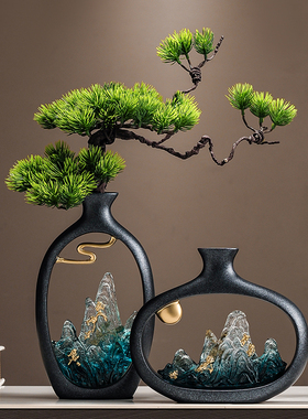 新中式花瓶迎客松摆件客厅玄关博古架电视柜装饰品办公室乔迁礼品