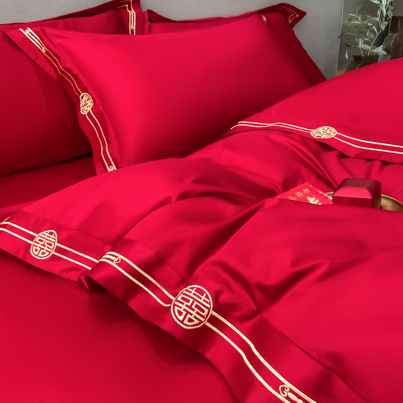 简约中式婚庆四件组大红色牀单被套全棉纯棉高档结婚牀上用品牀笠