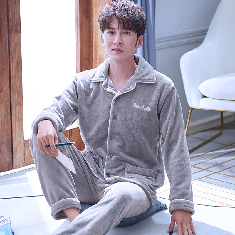 秋冬季珊瑚绒睡衣法兰绒保加厚加绒卡通男睡衣套装家居服新款开衫
