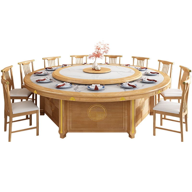 新中式电动岩板实木餐桌椅组合18人家用自动转盘3.2米酒店大圆桌