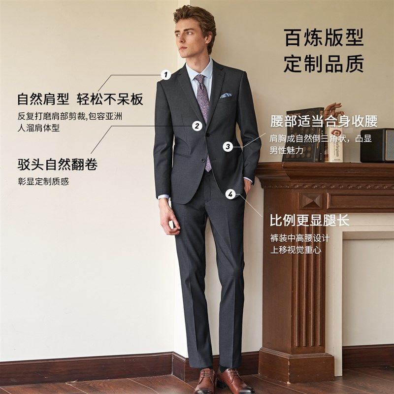 吉约蒙男士西服套装商务西装外套灰色高级感修身正装新郎结婚礼服