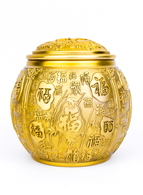 带盖款百福缸黄铜米缸百福罐纯铜米缸福字铜罐居家客厅福字罐摆件