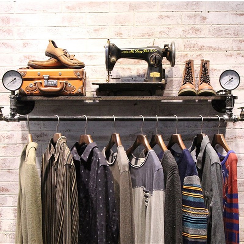 复古实木铁艺水管挂衣架服装店上墙侧挂衣架壁挂服装展示架鞋包架