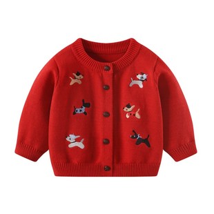 婴儿毛衣外套秋冬男宝宝加绒针织衫春装男童红色开衫新年拜年线衣